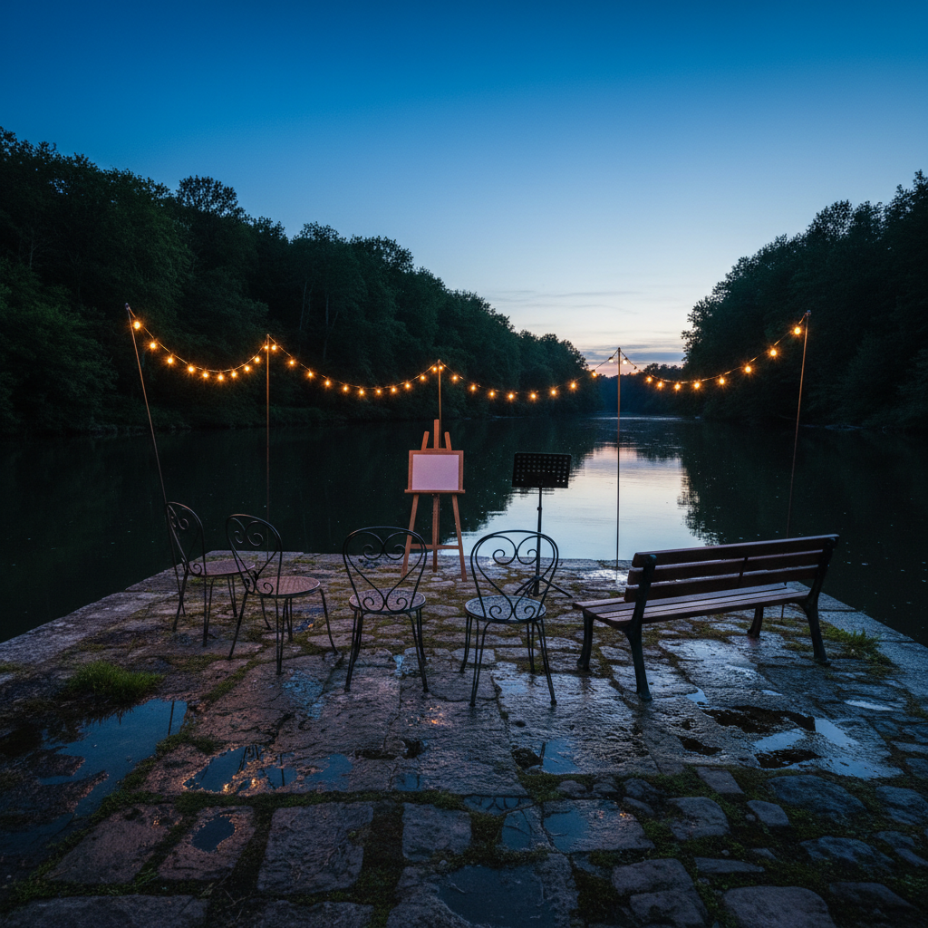 An intimate riverside scene along the Loing at blue hour, with a small stone quay transformed into an open-air cultural space. A few empty wrought-iron chairs and a simple wooden bench form a semicircle facing a portable easel and a classic music stand, both unoccupied. Discreet string lights are suspended between slender poles, their warm glow reflecting softly on the calm water and the mossy stone embankment. The silhouettes of Fontainebleau’s trees frame the scene. Photographic realism, shot from a slightly elevated angle, with crisp details in the foreground and a gentle bokeh in the distance, evoking anticipation of a community event and quiet human connection without any visible participants.