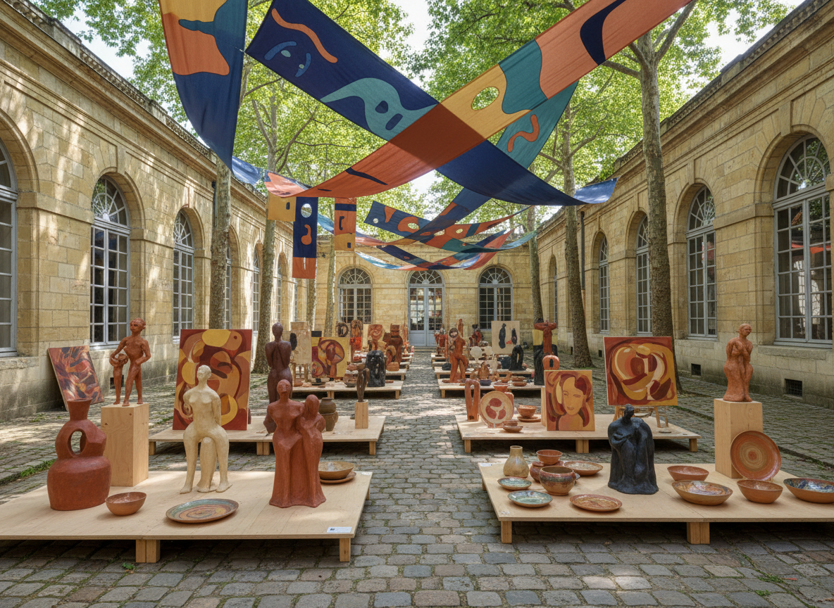 A sunlit courtyard between two sandstone buildings characteristic of Fontainebleau, arranged for a daytime community arts festival. Elegant fabric banners in deep blues and warm ochres hang overhead, featuring abstract shapes symbolizing music, theatre, and visual arts rather than text. Low wooden platforms display sculptures, painted canvases, and handmade ceramics in a spectrum of skin-tone-inspired clays and glazes to suggest diversity and inclusion. Soft midday light filtered through leafy tree branches creates dappled patterns on the cobblestones. Photographic realism, wide-angle composition with sharp focus throughout, capturing the sophisticated yet joyful mood of a cultural event that is open to all ages, without featuring any people.