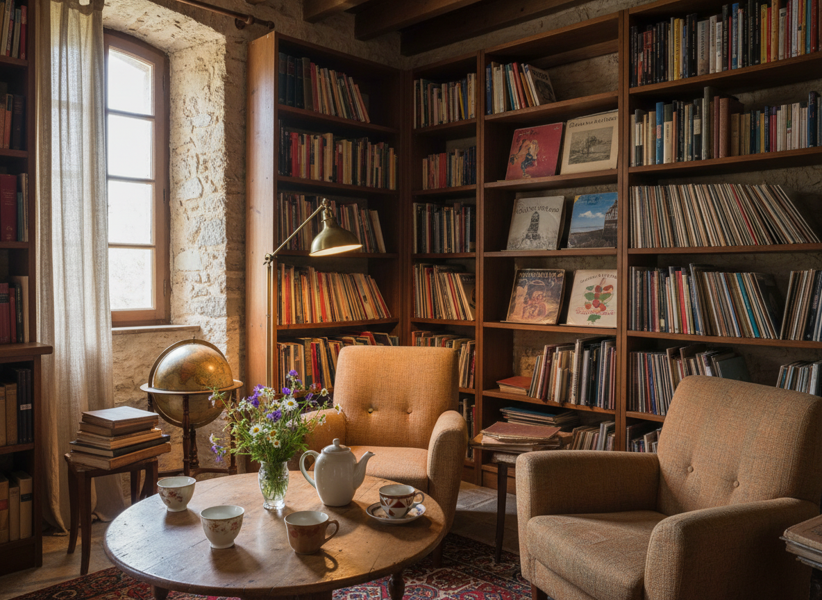 A cozy library corner in an old stone house typical of the villages along the Loing, converted into a cultural meeting space. Tall wooden bookshelves overflow with art books, poetry collections, and vintage vinyl record sleeves, their colors slightly muted with age. In the center, a low round table holds a ceramic teapot, three distinct empty porcelain cups, and a small vase with wildflowers from the forest of Fontainebleau. Soft, overcast daylight from a nearby window mixes with the warm glow of a floor lamp, creating layered, gentle shadows. Photographic realism, shot from a slightly elevated three-quarter angle, with a calm, contemplative atmosphere that evokes dialogue, human connection, and intergenerational exchange without depicting any figures.
