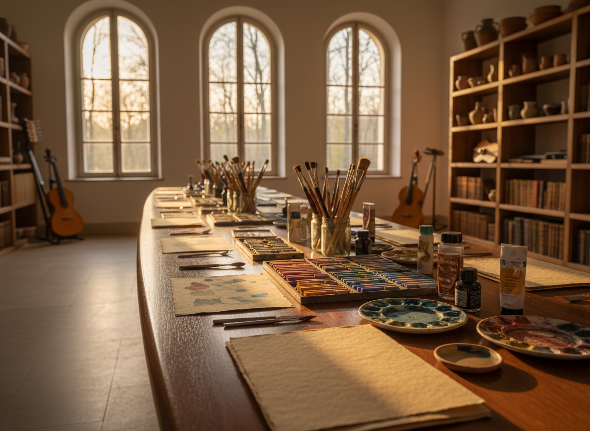 A long, elegant wooden table covered with carefully arranged art materials: soft pastel sticks, fine brushes, small ceramic palettes with watercolors, and handmade paper sheets in warm ivory tones. The table stands in a high-ceilinged room with tall windows opening onto a hint of Fontainebleau forest. Late afternoon golden light streams in, catching the texture of the paper and the subtle shine of paint tubes, casting gentle, elongated shadows. In the background, blurred shelves display pottery, musical instruments, and books. Photographic realism, eye-level composition with shallow depth of field, creating a refined, inviting atmosphere that suggests cultural workshops and shared creativity without depicting any people.