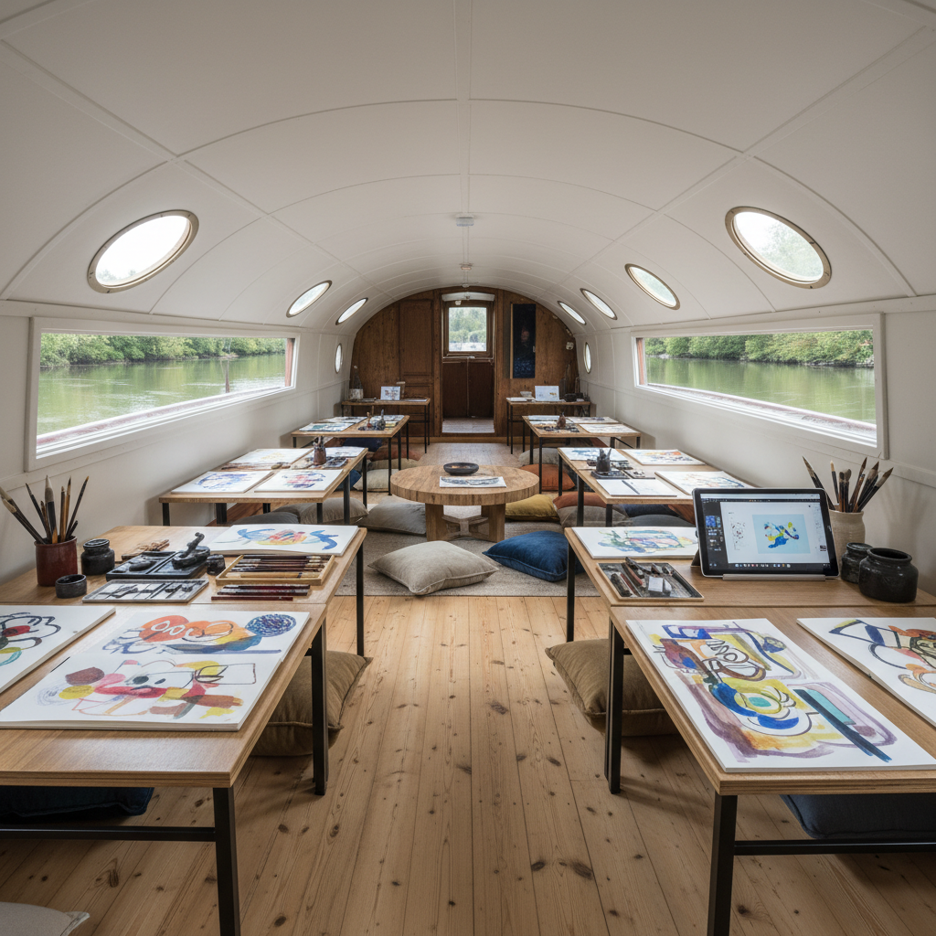 Inside an old barge moored along the Loing, transformed into a contemporary cultural workshop space. The polished wooden floor and curved white ceiling reflect soft natural light streaming through portholes and a long side window overlooking the river. On modular tables, there are open sketchbooks filled with abstract, colorful drawings, neatly arranged calligraphy tools, and a tablet displaying digital art, symbolizing dialogue between traditional and modern practices. Cushions of different sizes and fabrics are placed on the floor around a low central table, suggesting inclusive, informal gatherings. Photographic realism, shot at eye level with a slightly wide angle, creating a serene, reflective ambiance that highlights creative experimentation and human connection without any visible people.