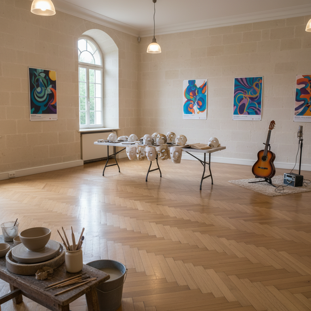 Inside a refined village hall near Fontainebleau, several distinct creative stations are set up: a pottery wheel with a freshly shaped clay bowl, a table with neatly stacked theater masks and scripts, and a corner with a classical guitar resting on a stand beside a small recording device. The parquet floor gleams softly under warm overhead lighting and a tall window lets in diffused daylight, balancing natural and artificial light. Colorful posters with abstract patterns (no readable text) hang on the walls. Photographic realism, composed using the rule of thirds, with moderate depth of field so each station is clearly visible. The mood is sophisticated yet welcoming, suggesting diverse cultural workshops and training sessions open to all ages, without showing any people.