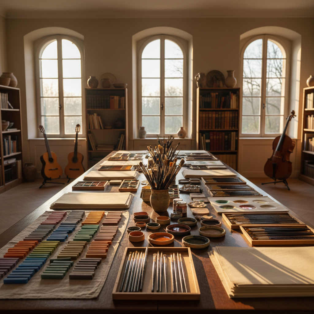A long, elegant wooden table covered with carefully arranged art materials: soft pastel sticks, fine brushes, small ceramic palettes with watercolors, and handmade paper sheets in warm ivory tones. The table stands in a high-ceilinged room with tall windows opening onto a hint of Fontainebleau forest. Late afternoon golden light streams in, catching the texture of the paper and the subtle shine of paint tubes, casting gentle, elongated shadows. In the background, blurred shelves display pottery, musical instruments, and books. Photographic realism, eye-level composition with shallow depth of field, creating a refined, inviting atmosphere that suggests cultural workshops and shared creativity without depicting any people.