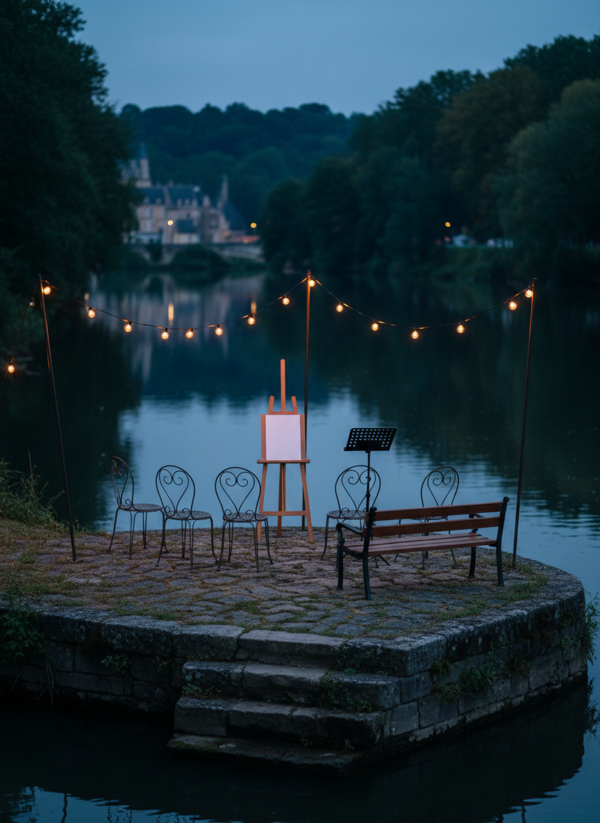 An intimate riverside scene along the Loing at blue hour, with a small stone quay transformed into an open-air cultural space. A few empty wrought-iron chairs and a simple wooden bench form a semicircle facing a portable easel and a classic music stand, both unoccupied. Discreet string lights are suspended between slender poles, their warm glow reflecting softly on the calm water and the mossy stone embankment. The silhouettes of Fontainebleau’s trees frame the scene. Photographic realism, shot from a slightly elevated angle, with crisp details in the foreground and a gentle bokeh in the distance, evoking anticipation of a community event and quiet human connection without any visible participants.