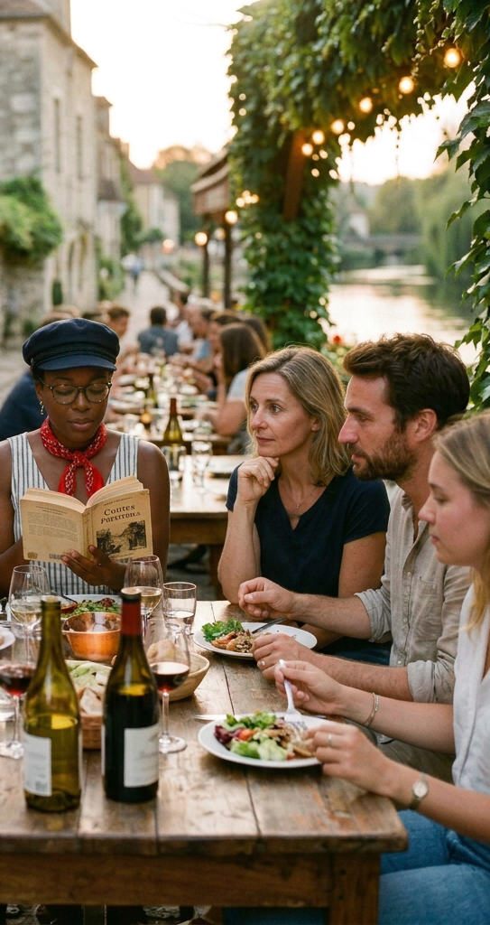 Table de lecture avec convives à droite, pendant une soirée lectures à déguster